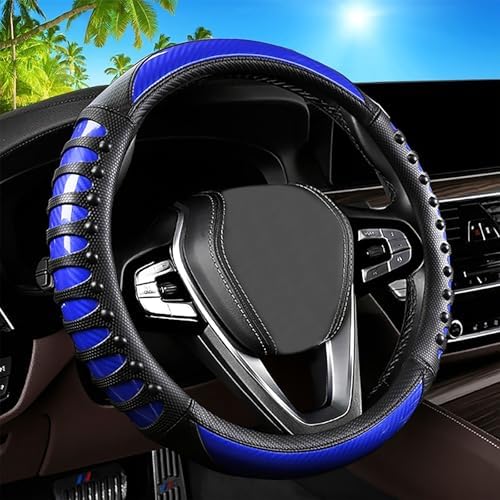 3D Massage Blue Carbon Fiber Leather Steering Wheel Cover, 14.5-15 Inch by ExquisiteCarAccessories
