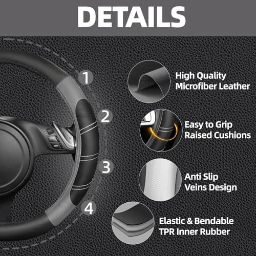 NBTEPEM 6 Pcs Grey Steering Wheel Cover Set, Sport Microfiber Leather Steering - Image 3