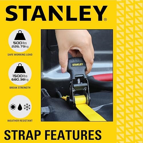 STANLEY S10002 Black/Yellow 1" x 10' Ratchet Tie Down Straps - 500 lb Safe - Image 4