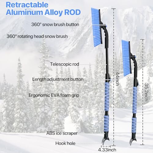 44" Snow Brush and Ice Scrapers Detachable, 360° Pivoting Soft Bristle Head - Image 5