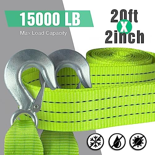 Tow Strap with Hooks 2”x20’ 15, 000 LBS, Tow Rope Metal Safety Hooks - Image 3