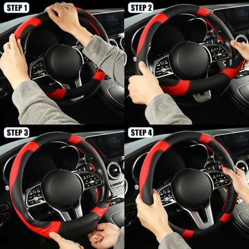 Black Red Microfiber Leather Steering Wheel Cover 15 inch - Image 6