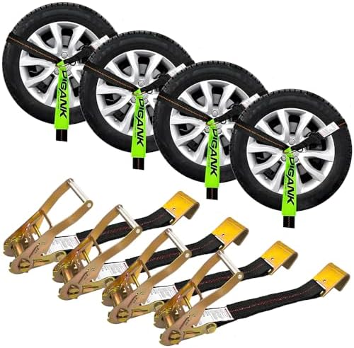 Wheel Straps for Hauling Cars, 4PK 2"x96", Flat Hooks by Digank