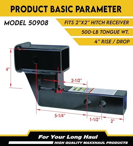 MaxxHaul Trailer Hitch Riser for 2" Receivers, 500 lb Tongue Weight, - Image 2