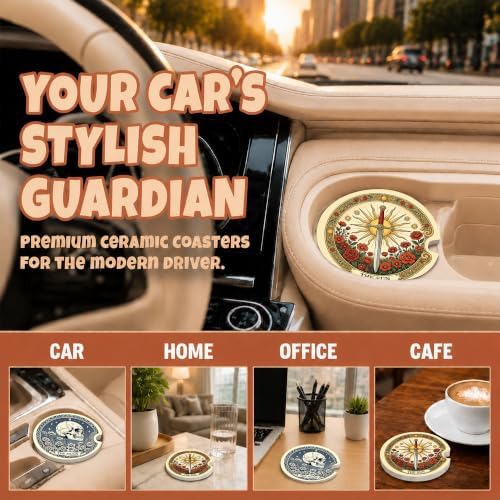 Tarot Card Sun Moon Car Coasters, Retro Skeleton Floral Cup Holders - Image 4
