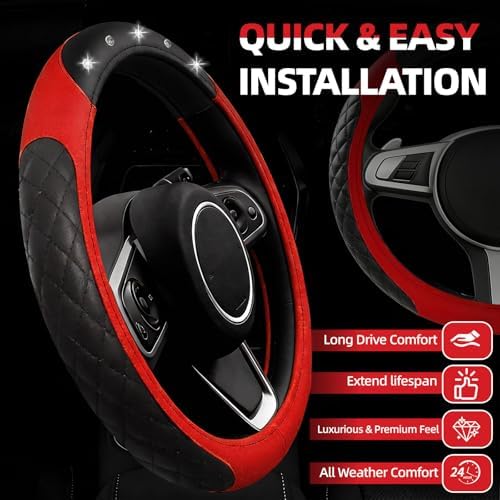 NBTEPEM 6 PCS Bling Red Car Accessories Set, Leather Red Steering Wheel Covers - Image 2