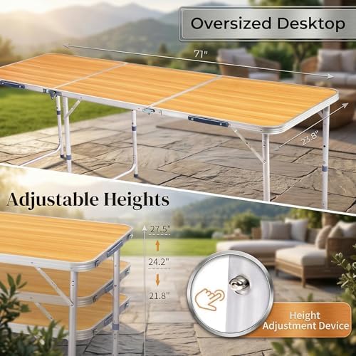 6ft Aluminum Alloy Folding Table Wood Grain Portable Camping Picnic Table 3 - Image 3