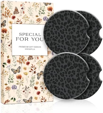 Swooflia Elegant Car Coasters 4 Pcs Classic Black Leopard Car Accessories by Swooflia