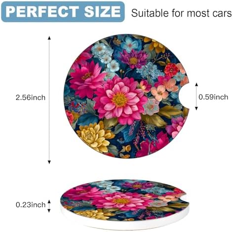 Ceramic Car Cup Holder Coasters Set of 2, 2.56 in Colorful Flowers - Image 2