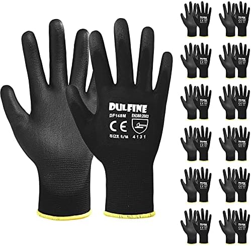 DULFINE Safety Work Gloves for Men 12 Pairs, Ultra-Thin PU Coated Black XL by DULFINE