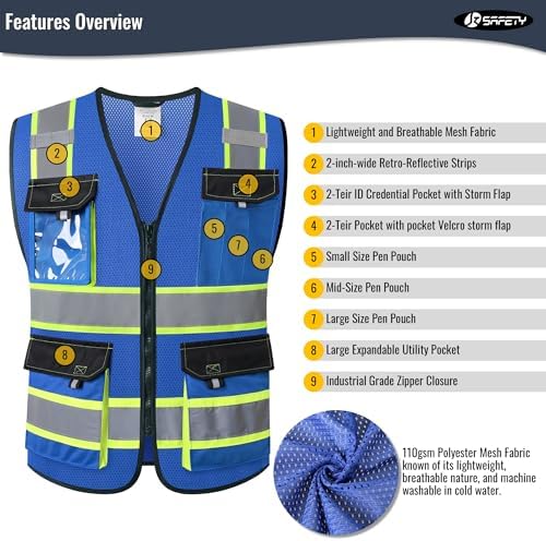 JKSafety Safety Vest for Men Women Hi Vis Reflective Vest JK220 Blue 2XL - Image 4