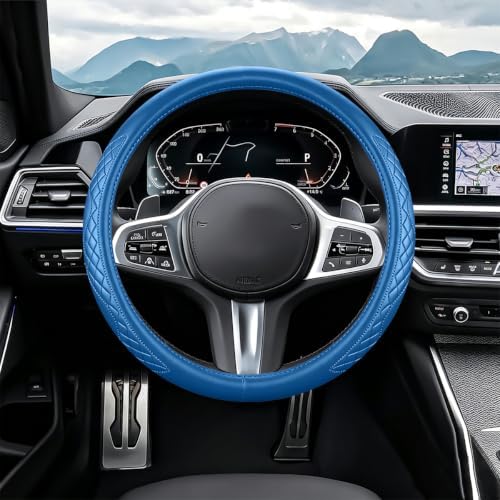 AUCELI 14.5-15 Inch Steering Wheel Cover Non-Slip Leather, Dark Blue - Image 5