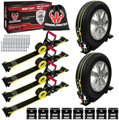 4Pack UTV Wheel Chock Tie-Down Kit, 2 in x 8 ft Heavy Duty Trailer Tire Straps by ARMORLOGISTICS