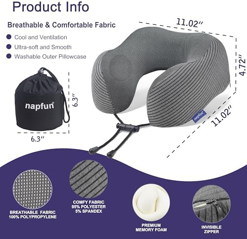 napfun Neck Pillow for Travel, Memory Foam Airplane Pillow, Dark Gray - Image 2