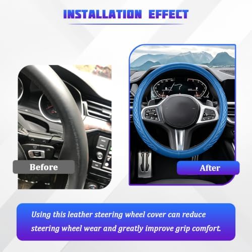 AUCELI 14.5-15 Inch Steering Wheel Cover Non-Slip Leather, Dark Blue - Image 3