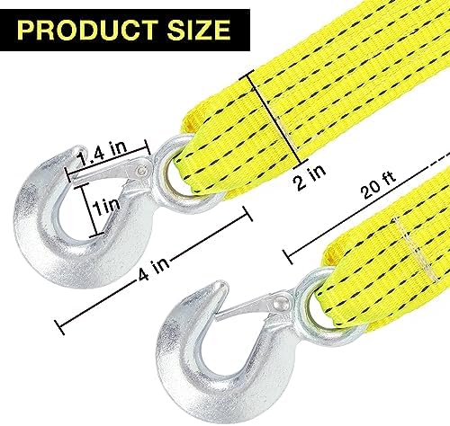2" x20ft Tow Straps with Hooks Heavy Duty, 000 lbs Capacity - Image 2