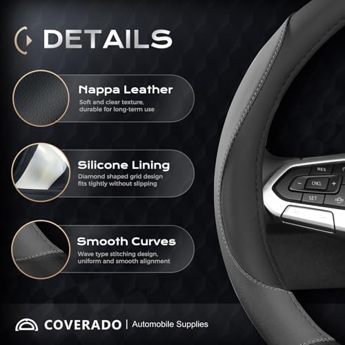 Coverado Car Steering Wheel Cover, Nappa Leather Black & Gray Steering Wheel - Image 2