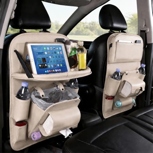 Backseat Car Organizer with Tray, 2 Pack Leather Seat Storage by TENLBYC
