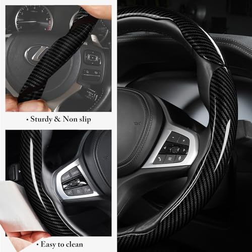 Carbon Fiber Steering Wheel Cover Universal 3pcs Protector Glossy Black - Image 5