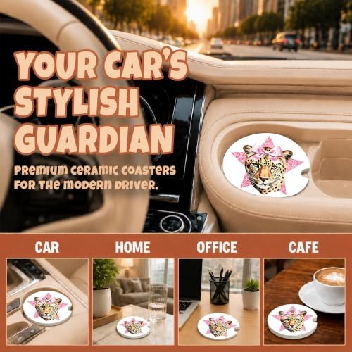 Pink Bow Car Coasters, Retro Leopard Print Coquette Cup Holders - Image 4