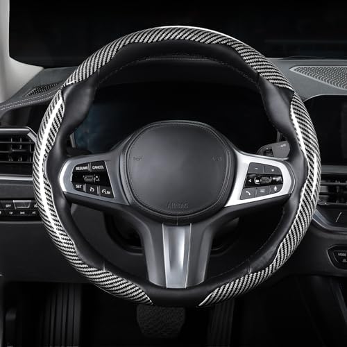 Carbon Fiber Steering Wheel Cover Universal 3pcs Protector Glossy Silver - Image 6