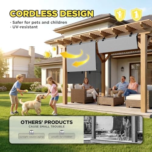 Outdoor Roller Shade 8'W x 8'H Cordless Shades Roll Up, Folding Exterior Patio - Image 3
