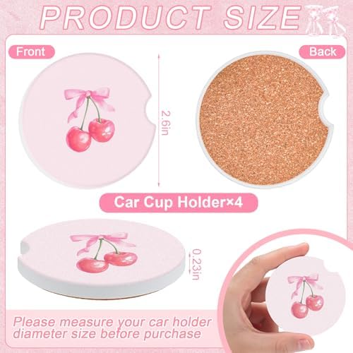 4 Pcs Pink Bow Car Coasters for Cup Holders, 2.56 Inch Absorbent Ceramic - Image 2