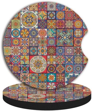 Boho Absorbent Neoprene Car Coasters, 2.75inch Mandala Style, 2 Pack Universal - Image 5
