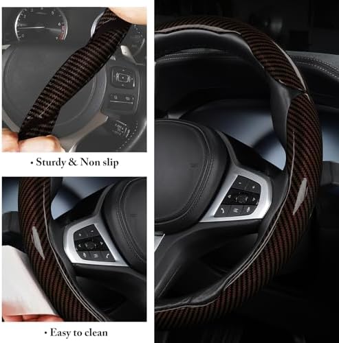Carbon Fiber Steering Wheel Cover Universal 3pcs Protector Glossy Brown - Image 5