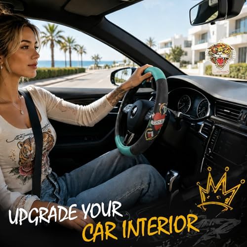 ED HARDY Heart Print Steering Wheel Cover, Mint Leather Universal Car Streeing - Image 2