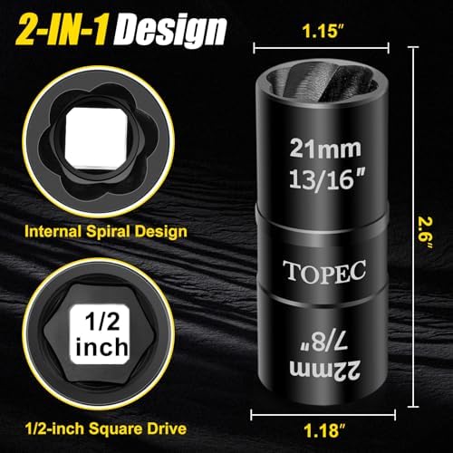 Topec 21mm x 22mm Flip Lug Nut Extractor, 1/2" Drive Lug Nut Removal Tool - Image 2