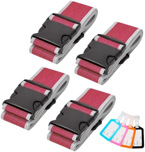 Luggage Straps and Tags Set for Suitcase, 4 Vibrant Color Straps and 4 Tags by BILIONE