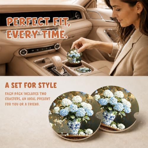 Blue White Chinoiserie Hydrangea Car Coasters, Retro Floral Cup Holders - Image 2