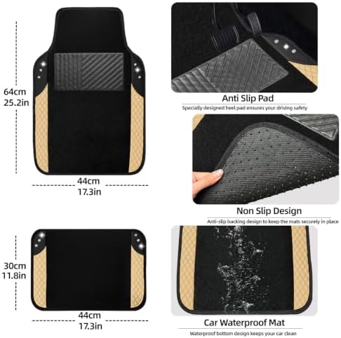 NBTEPEM 10 Pcs Bling Car Floor Mats Set, Leather Beige Steering Wheel Covers - Image 4