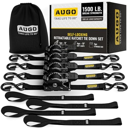 AUGO Self-Locking Retractable Ratchet Straps | 4 Heavy Duty Self-Tensioning by AUGO
