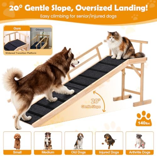 74" Wooden Dog Ramp with Platform & Wheels Gentle Slope Non-Slip - Image 2