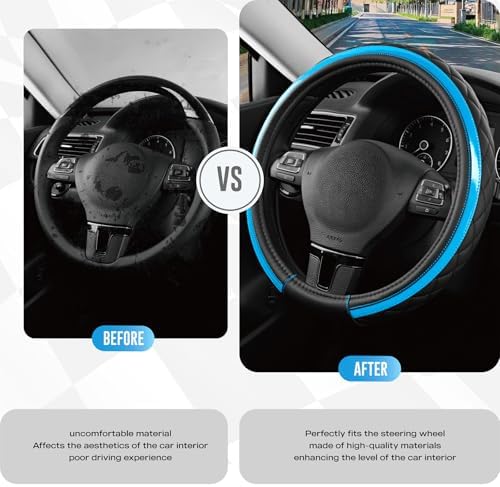 Road Comforts Leather Steering Wheel Cover – Black & Blue, Universal Fit - Image 3