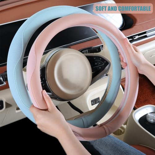 Nappa Leather Blue D Shaped Steering Wheel Cover 14 inch - Image 4
