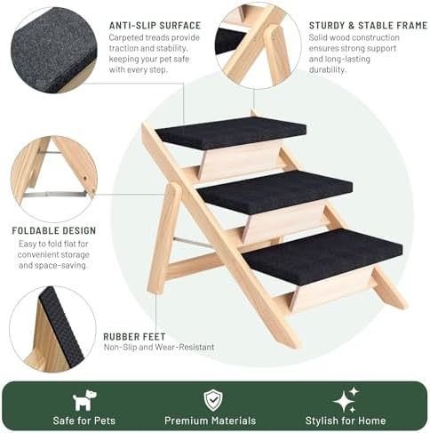 Dog Stairs/Ramp for Bed, Wooden 2-in-1 Foldable Pet Stairs & Ramp - Image 3