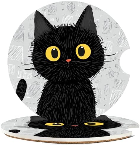 Ceramic Car Cup Holder Coasters Set of 2, 2.56 in Black Cat by Mengduxd