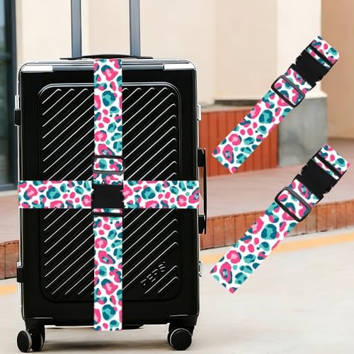 2PC, Leopard Print Luggage Strap 1.97 x 70.87 inch Pink and Teal Abstract - Image 2