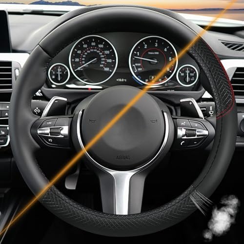 Leather Patchwork Black Steering Wheel Cover, 14.5-15 Inch Non-Slip Breathable - Image 4