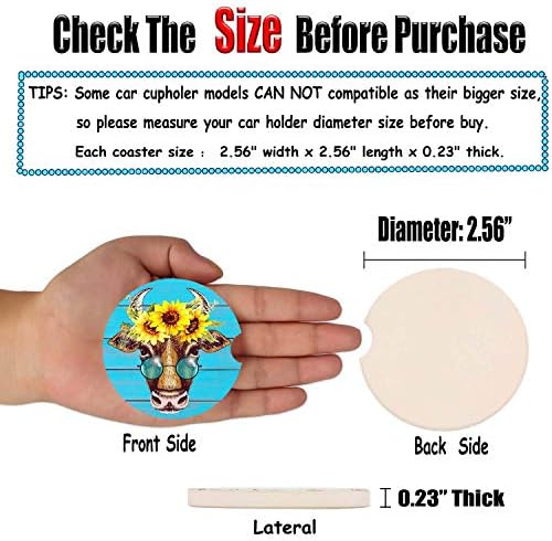 Car Coasters Pack of 2, Fun Sunflower Cow Design Absorb Condensation - Image 5