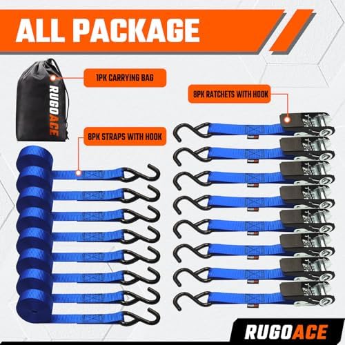 Ratchet Tie Down Straps 1in x 10ft 900 lbs Break Strength 8PK Blue RUGOACE - Image 3