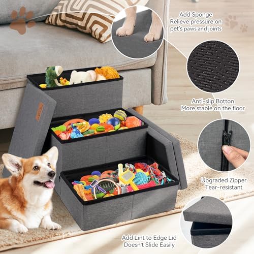 Zerbuger Dog Stairs with Storage, Dark Grey 3 Steps Dog Ramp no Condo - Image 5