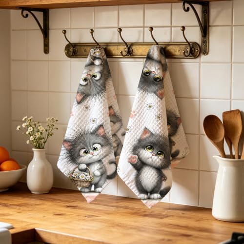 2 Pcs Cute Cat Kitchen Towels, Cat Theme Soft Absorbent Hand Tea Towels 04 - Image 4