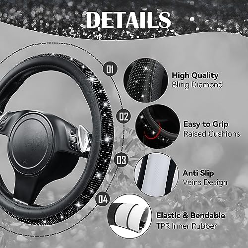 CAR PASS Bling Diamond Leather Steering Wheel Cover, - Image 4