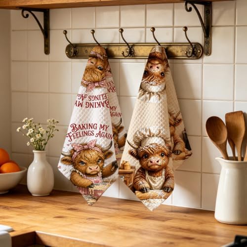 2 Pcs Baking My Feelings Again Kitchen Towels, Cows Soft Waffle Hand Towels - Image 4