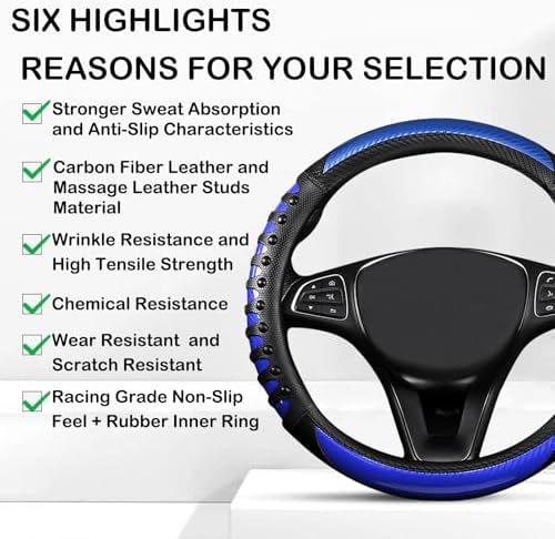3D Massage Blue Carbon Fiber Leather Steering Wheel Cover, 14.5-15 Inch - Image 5
