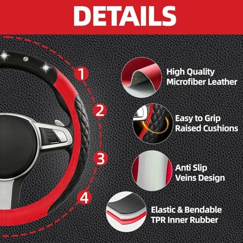 NBTEPEM 6 PCS Bling Red Car Accessories Set, Leather Red Steering Wheel Covers - Image 3